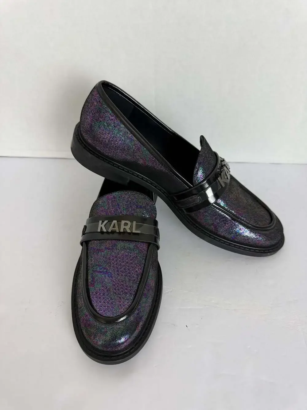 Karl Lagerfeld Paris Randall Iridescent Glitter Loafers with Metal Logo